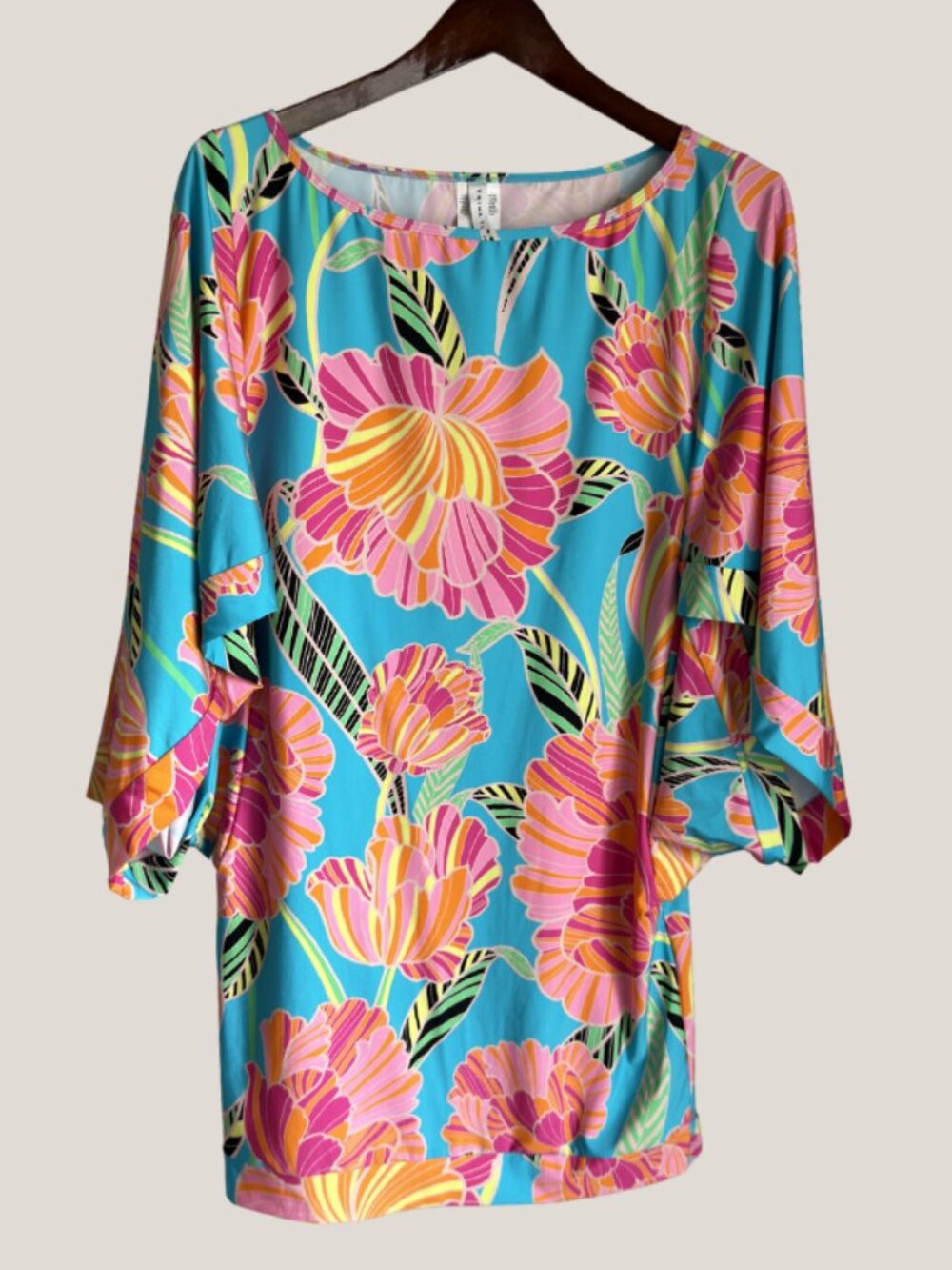 Trina Turk Poppy Boatneck Tunic Swim Cover-Up Dress Floral Blue Pink Medium